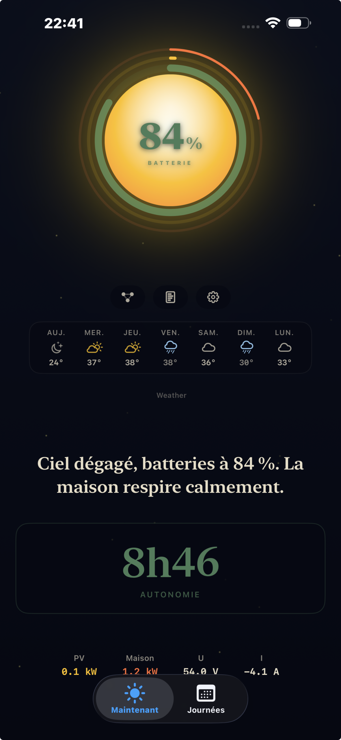 Belenos écran principal — réserve batterie au centre du soleil